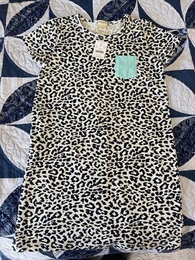 Crewcuts Black and White Leopard Tee Dress with Mint Pocket